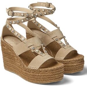 Jimmy Choo Danica 110 Sand Dune Suede Espadrille Wedges With Pearls And Studs